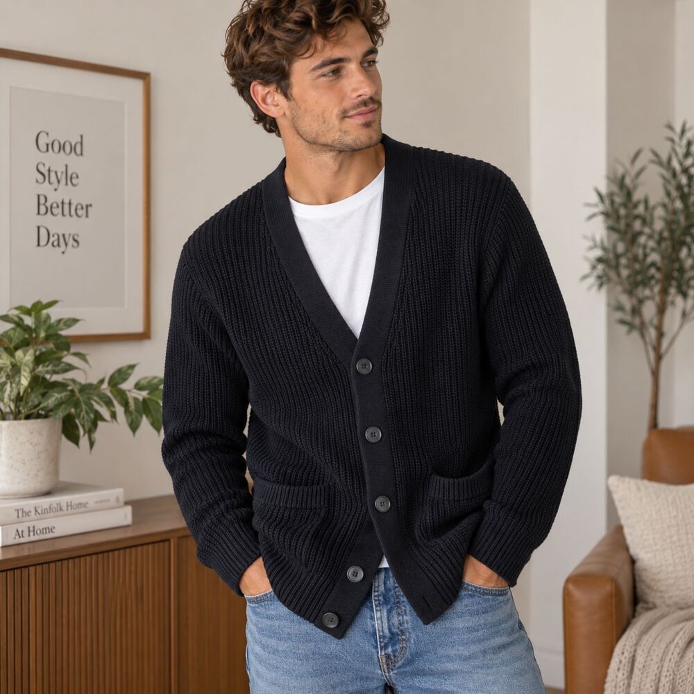 Old Navy Mens M Black Shaker Stitch Cardigan 100% Cotton Button Pocket Sweater